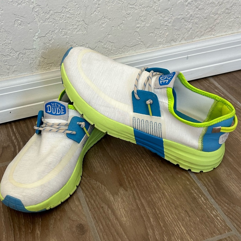 Hey Dude White and Blue Shoes with Green Accents